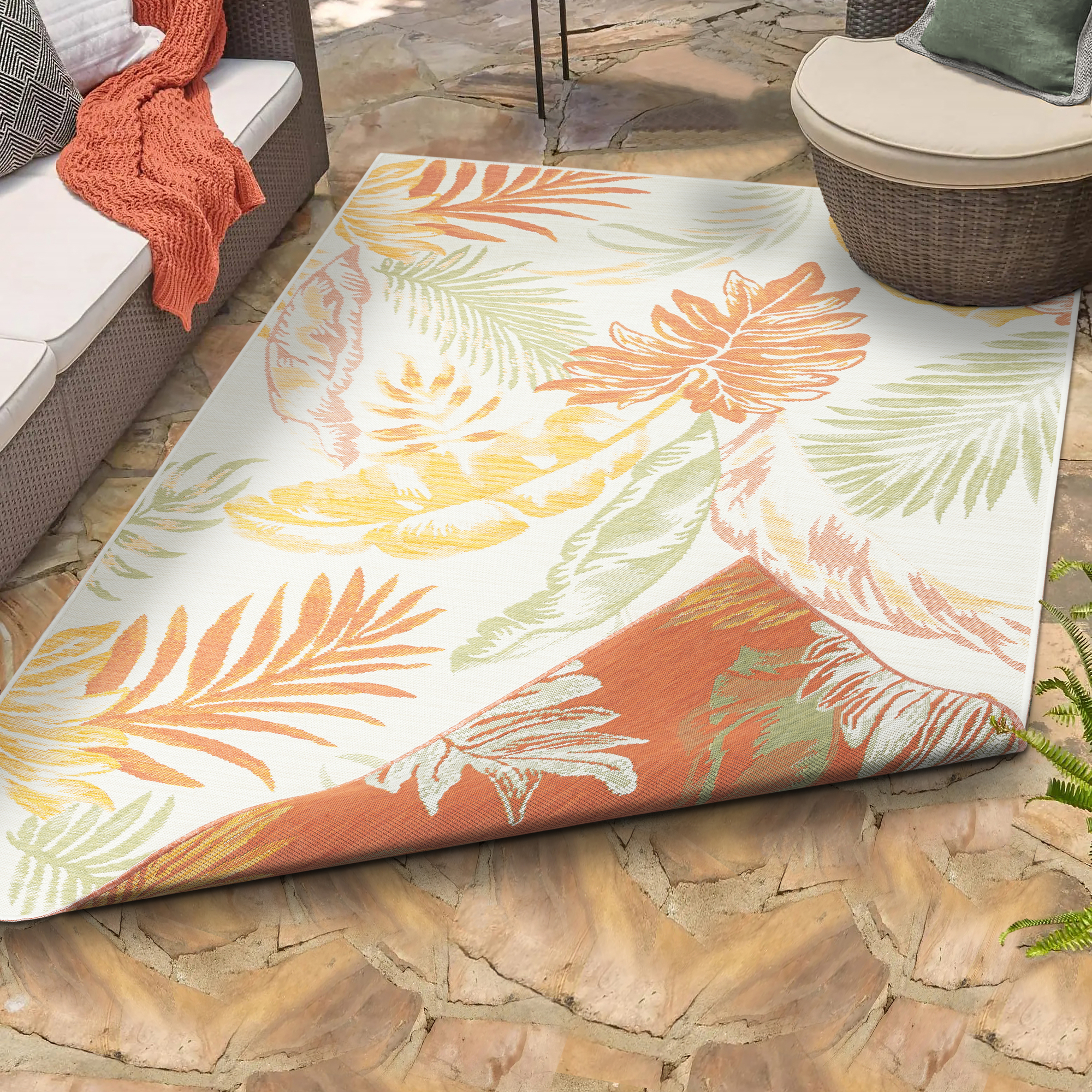 Ox Bay Cara Reversible Floral Polypropylene Performance Indoor/Outdoor Area Rug, Orange/Green/Ivory, 5'3" x 7'