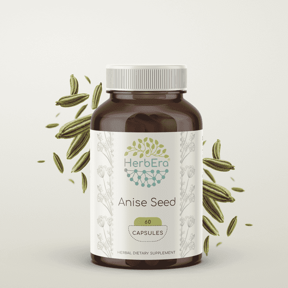 HerbEra Anise Seed Capsules, Herbal Dietary Supplement for Digestive Support, Anise (Pimpinella Anisum) Dried Seed Capsules, Natural, 60 Capsules