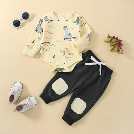 

ZMHEGW Fall Outfits For Toddler Baby Boys Girls Long Sleeve Cute Cartoon Dinosaur Romper Bodysuit Tops Patchwork Pants Trousers Tracksuit Outfit Set 2Pcs Clothes Outfits Set