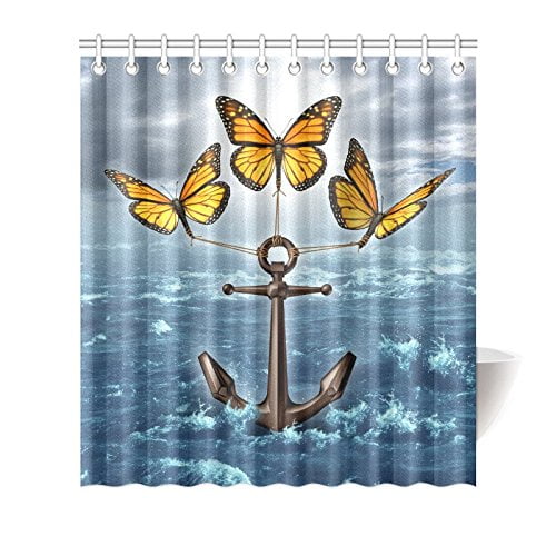GCKG Storm Ocean Butterfly Anchor Shower Curtain Hooks 66x72 inches
