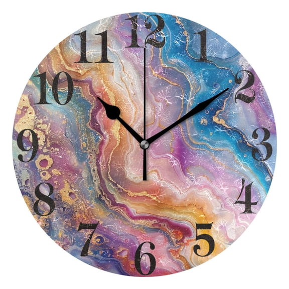 Colorful Marble Round Wall Clock Battery Operated Silent Non-Ticking Bedroom Office Kitchen Home School Decor 10"(Black)