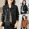 thumbnail image 2 of Women Jacket Faux Leather Smooth Surface Turn-down Collar Single-breasted Long Sleeves Pockets Retro Motorcycle Coat Office Commuting Travel Outerwear, 2 of 8