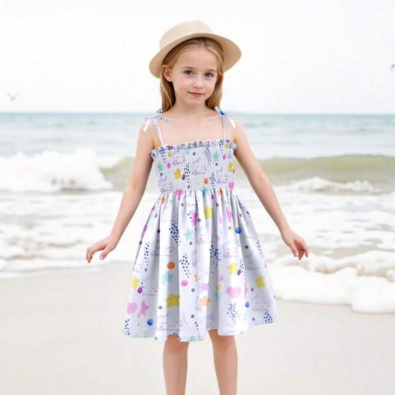 Summer Dress Baby Girls' Floral Print Strappy Dress Lightweight Summer Dress With Adjustable Ties For Beach & Casual Outfits Party Sundress