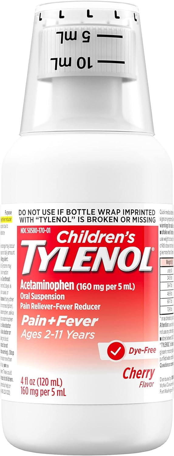Tylenol Children's Pain + Fever Medicine, Dye-Free, Cherry (4 Ounce, 2 Pack)