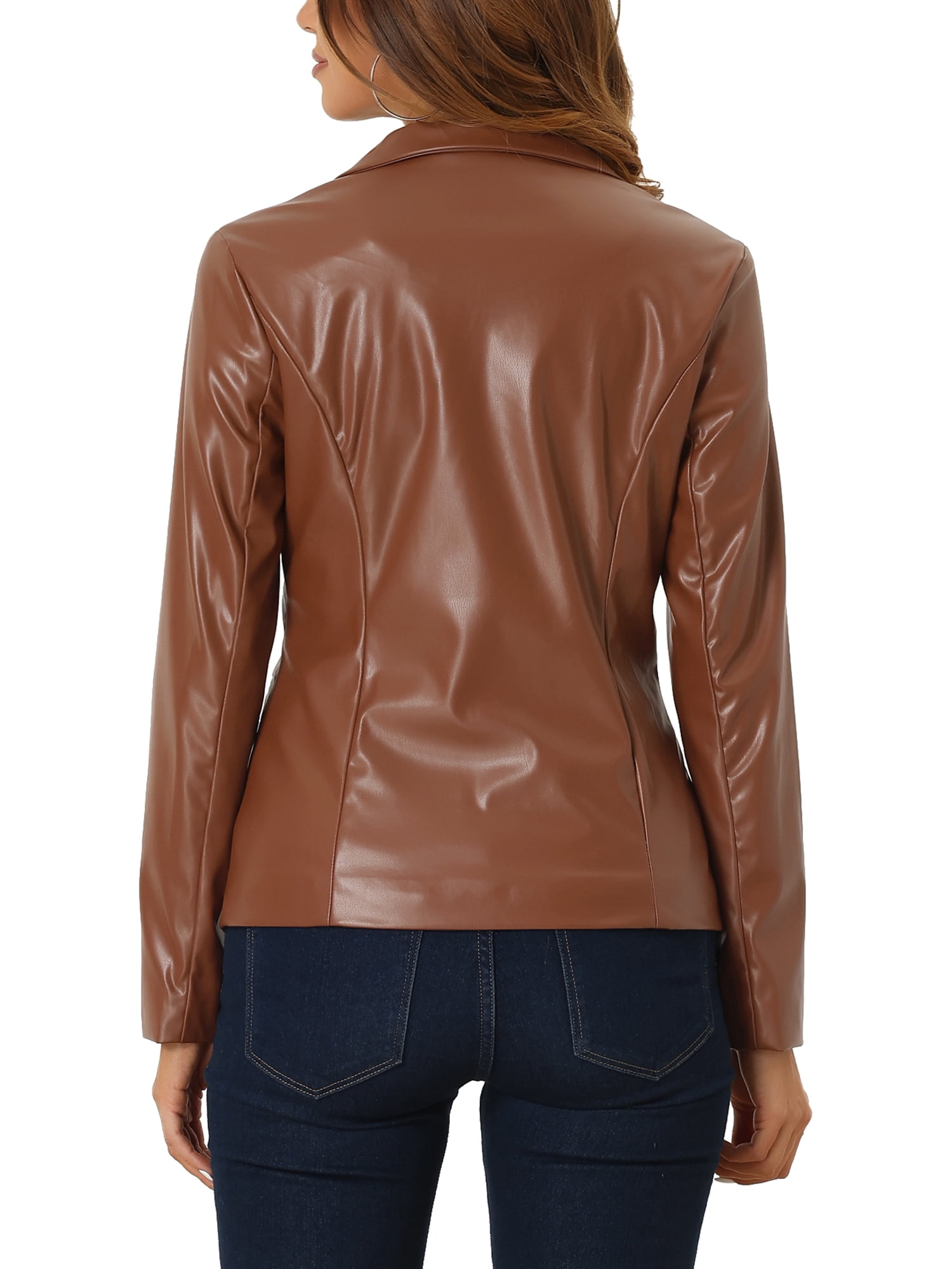 INSPIRE CHIC Women's Faux Leather Jacket Notched Lapel Button-Down Blazer Coat with Pockets XS Brown