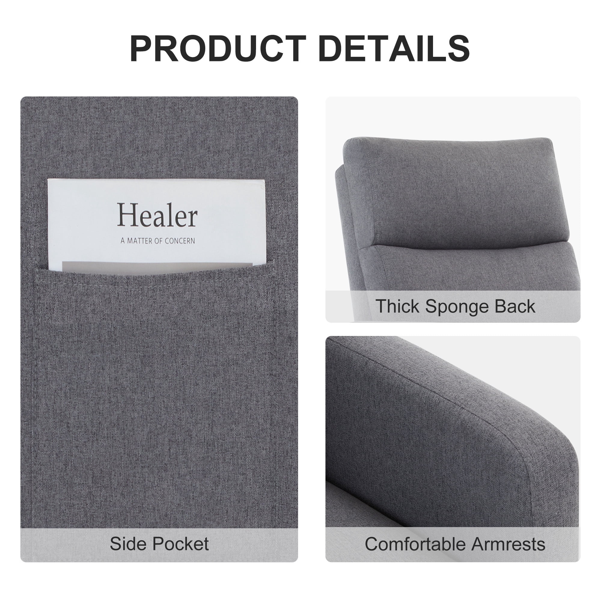 SAETSFEG Rocking Chair Nursery,Linen Upholstered Glider Rocker with Side Pocket and Wood Legs, Modern Accent Chair for Small Space, Living Room, Bedroom, Grey