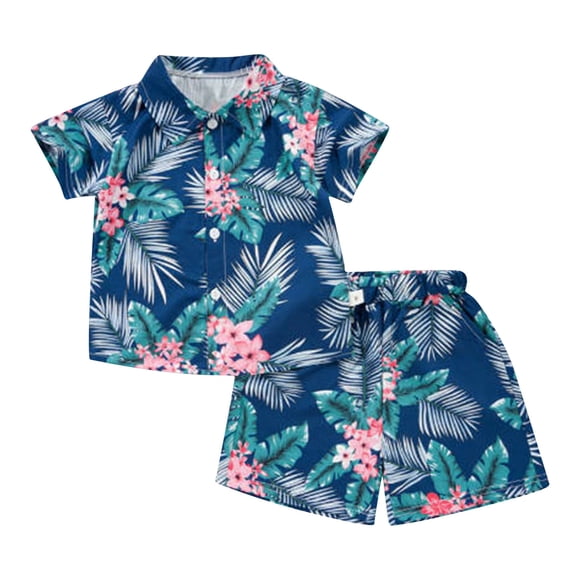 LUOGENLI Boys Hawaii Outfit 2Pcs Set Summer Beach Button down Shirt Top and Shorts for Kids Outfits for Boys Trendy Floral Blue 4-5 Years