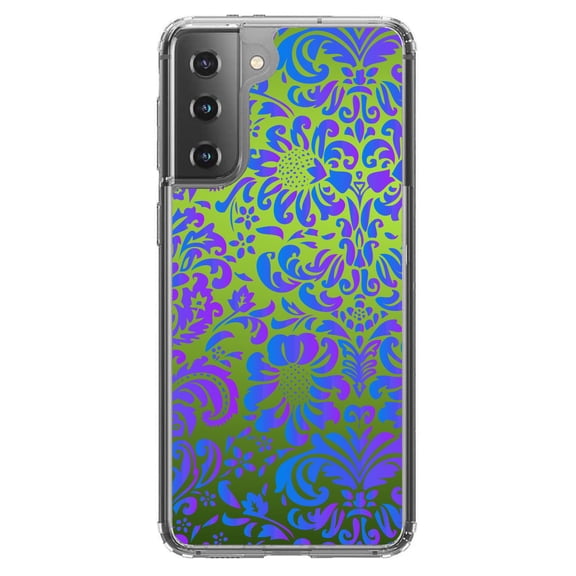 DistinctInk Clear Shockproof Hybrid Case for Galaxy S21 5G (6.2" Screen) - TPU Bumper, Acrylic Back, Tempered Glass Screen Protector - Green Purple Blue Floral Pattern