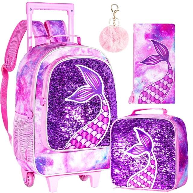 Set de 3 Piezas Mochila con Ruedas para Niñas AGSDON Sirena Rosa