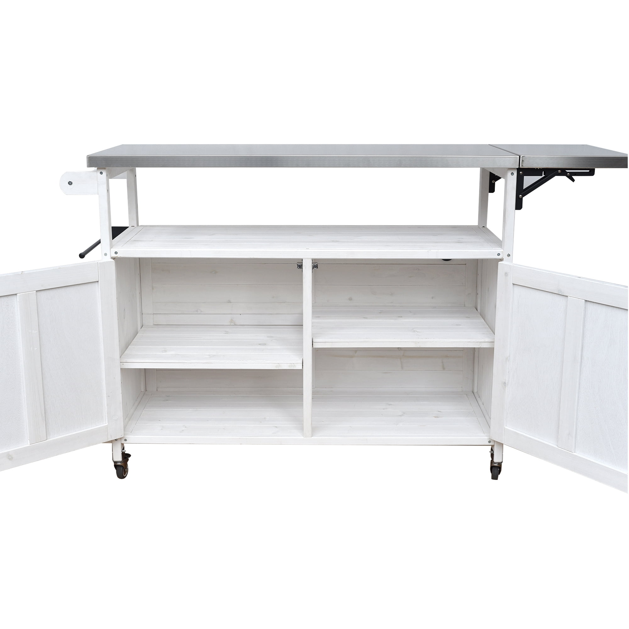 Harper & Bright Designs Outdoor Extendable Kitchen Island with Wheels, Patio Kitchen Cart with Foldable Stainless Steel Top, Portable Prep Station with Storage Cabinet and Towel Rack, White
