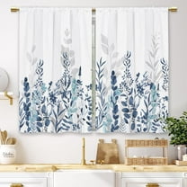 Navy Blue Flower Kitchen Curtains Watercolor Floral Botanical Small Short Cafe Window Curtains Teal and White Plant Rod Pocket Bathroom Drapes Treatment Tier Curtains 2 Panels (27.5x36 Inch)