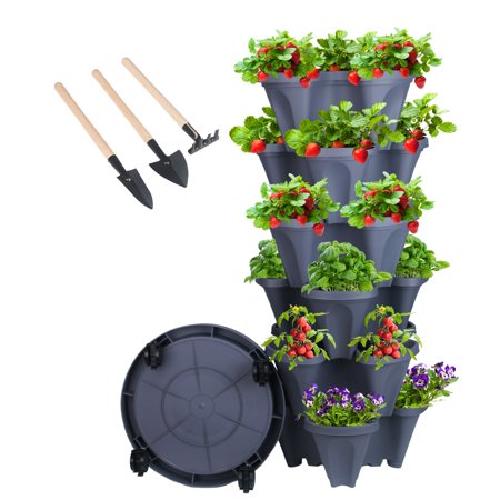 Stackable Planters 6 Tier Vertical Tower Garden Planters Strawberry  Herb  Flower  and Vegetable Planter Indoor Outdoor Gardening Pots with Wheels and Tools  Dark Gray