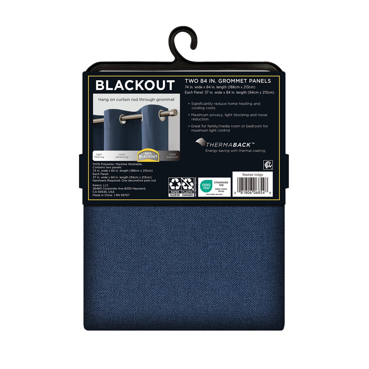 Eclipse Corte Solid Washed Indigo Blackout Grommet Top Single Curtain Panel, 52" x 84"