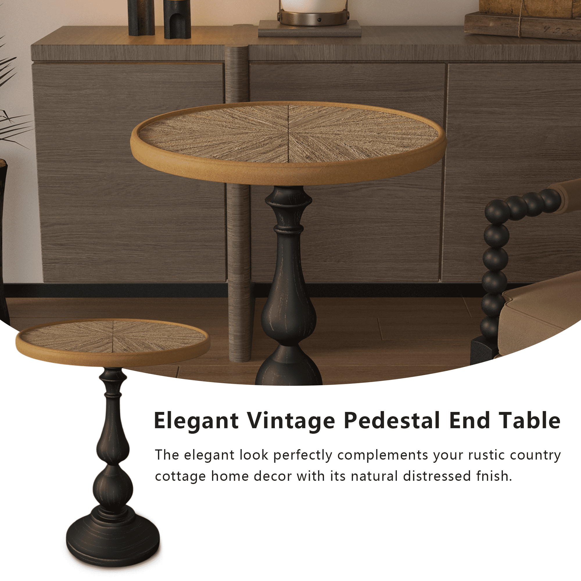 Natural Wood Round End Table with Metal Base, 19.9 x 19.9 x 23.4 in