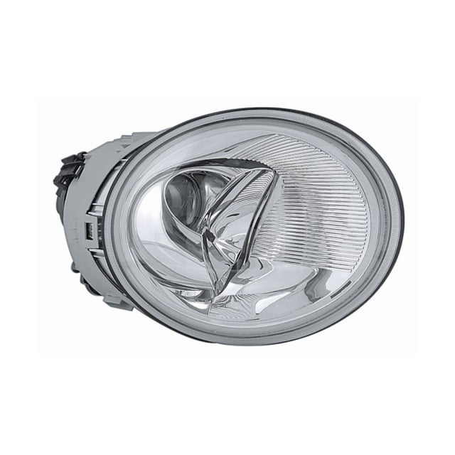 faro depo volkswagen beetle 1998 - 2005 copiloto faro derecho DEPO para VW Beetle 1998–2005, vista frontal 3/4; lente oval transparente con reflector cromado y patrón de ranuras en el lado derecho, carcasa trasera gris y conectores visibles. Suele utilizarse como repuesto en proyectos de reparación.