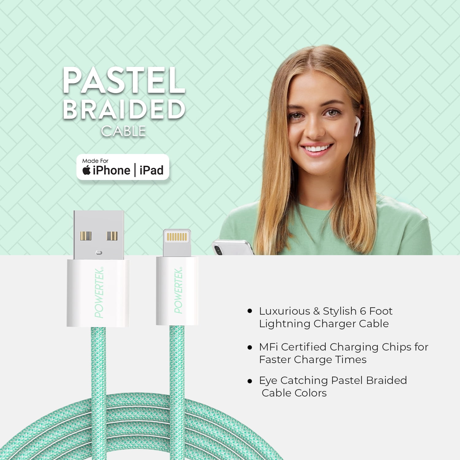 Liquipel Powertek Pastel Braided USB-A to Lightning - Mint