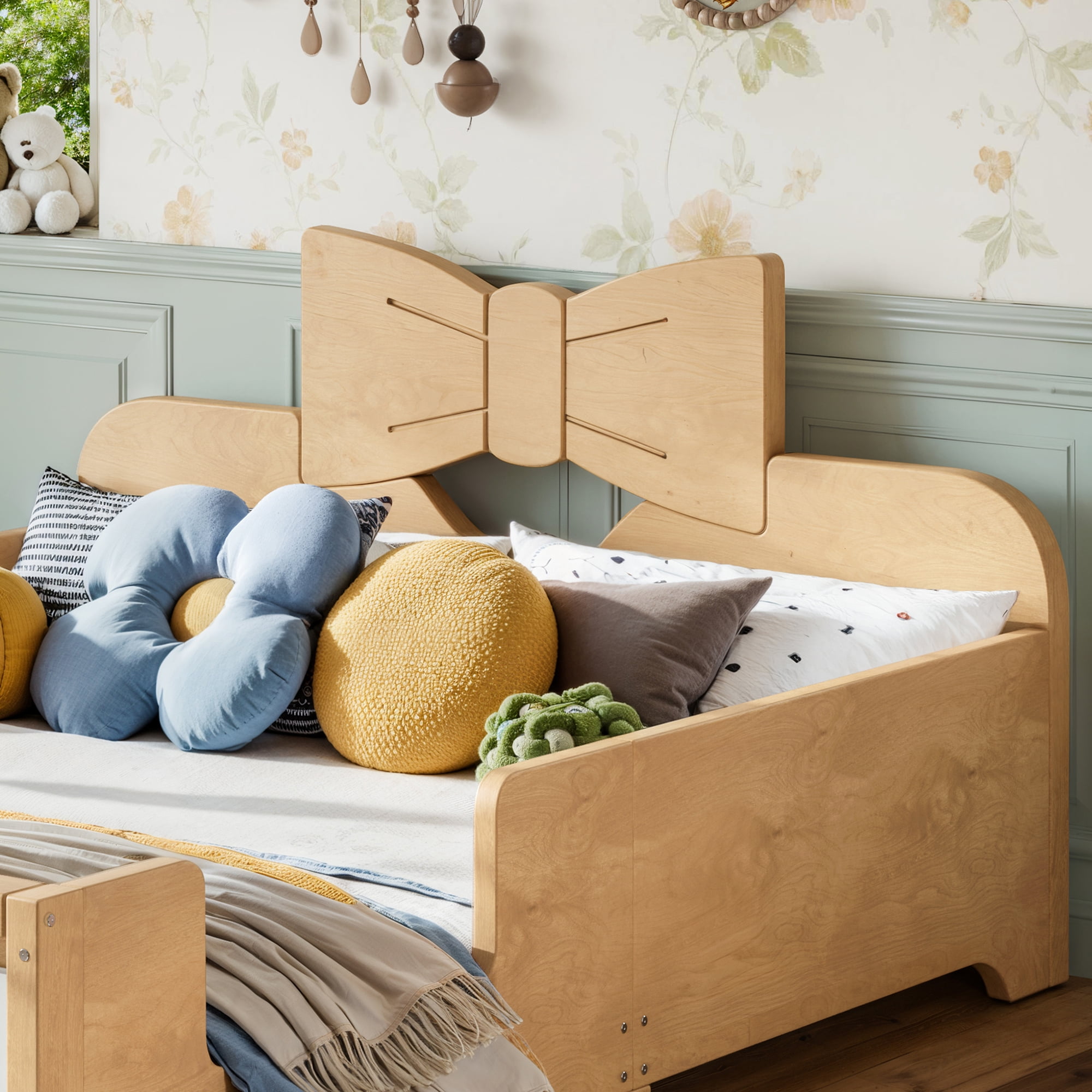 Leumius Full Platform Bed,Modern Wood Frame Bed with Full Surround Guardrails & Built-in Side Bookshelf for Kids Room,No Box Spring Needed,Natural