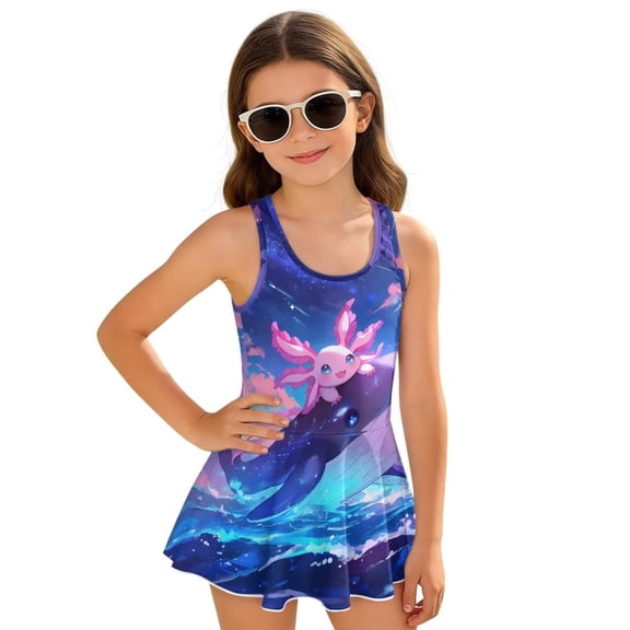 Yuyamidu Axolotl Dolphin Girls One Piece Swim Suit Dress Skirted Bathing Suit Sleeveless Swimdress Twirly Tankini Swimsuits Quick Dry Tankini Beachwear