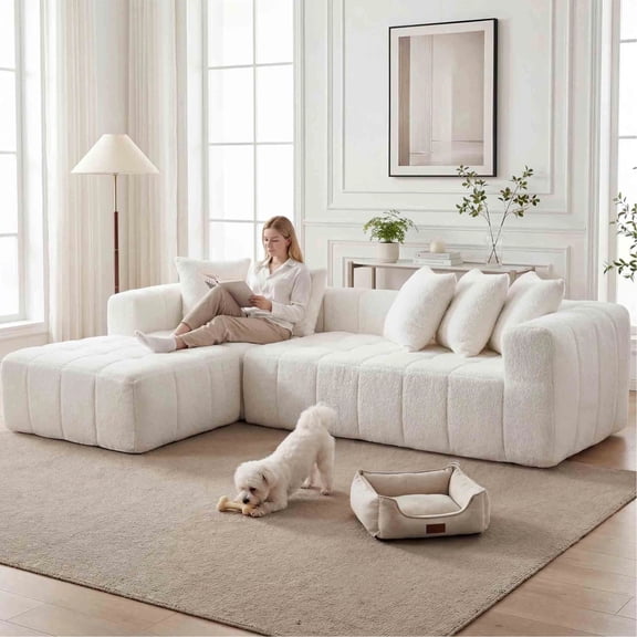 Arouseden 108" White Sectional Couch,Left Hand Facing Sectional Sofa with 5 Throw Pillows,Upholstered Couch with L-Shape Chaise,Modern Sofas for Living Room