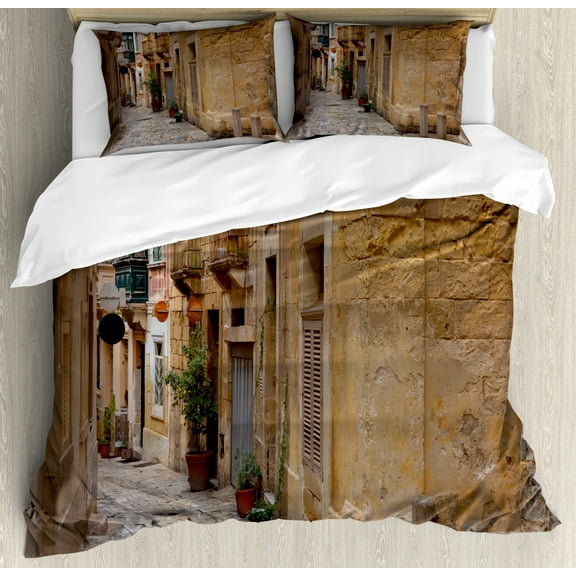 Travel Queen Size Duvet Cover Set, Old Narrow Street European Town in Vittoriosa Malta Historical Architecture Country, Decorative 3 Piece Bedding Set with 2 Pillow Shams, Sand Brown, by Ambesonne