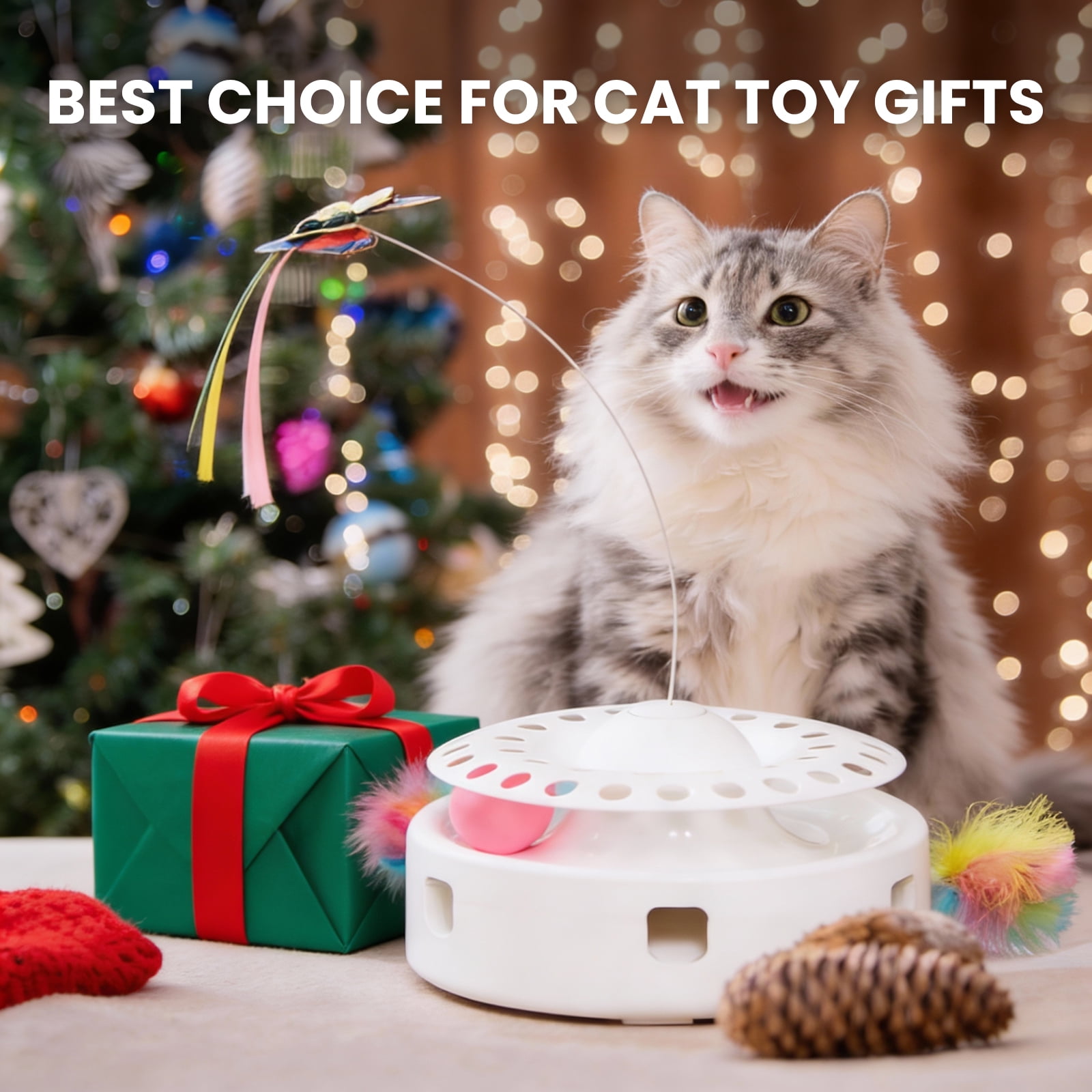 3 in 1 Automatic Interactive Cat Toys,Kitten Toy With Fluttering Butterfly, Moving Feather, Track Balls, Dual Power Supplies, USB Powered (White)