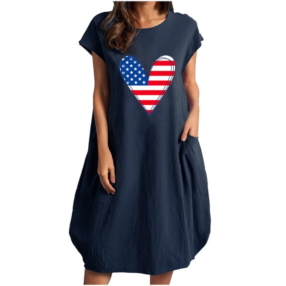IROINNID Patriotic Dress For Women 4th of July July 24th Summer Cotton And Linen Print Casual With Pocket Loose Dress Round Neck Knee-Length Dress
