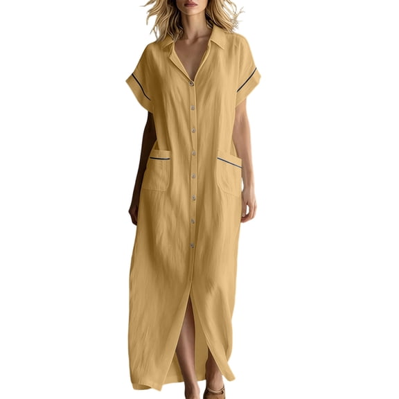 Efsteb Sundresses for Women casual beach Button Collared Short Sleeve Shirts Dress with Pockets Comfy Loose Fit Summer Dresses (Yellow,S)