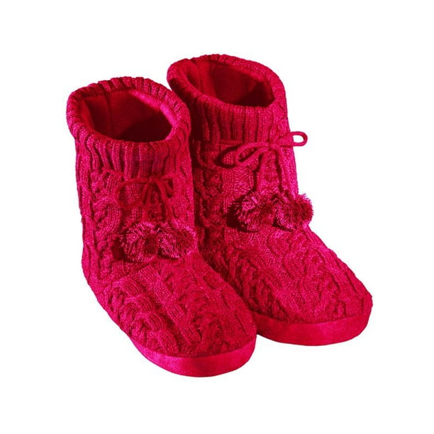 Cable Knit Slippers with Pom Poms, Comfortable Booties for Women