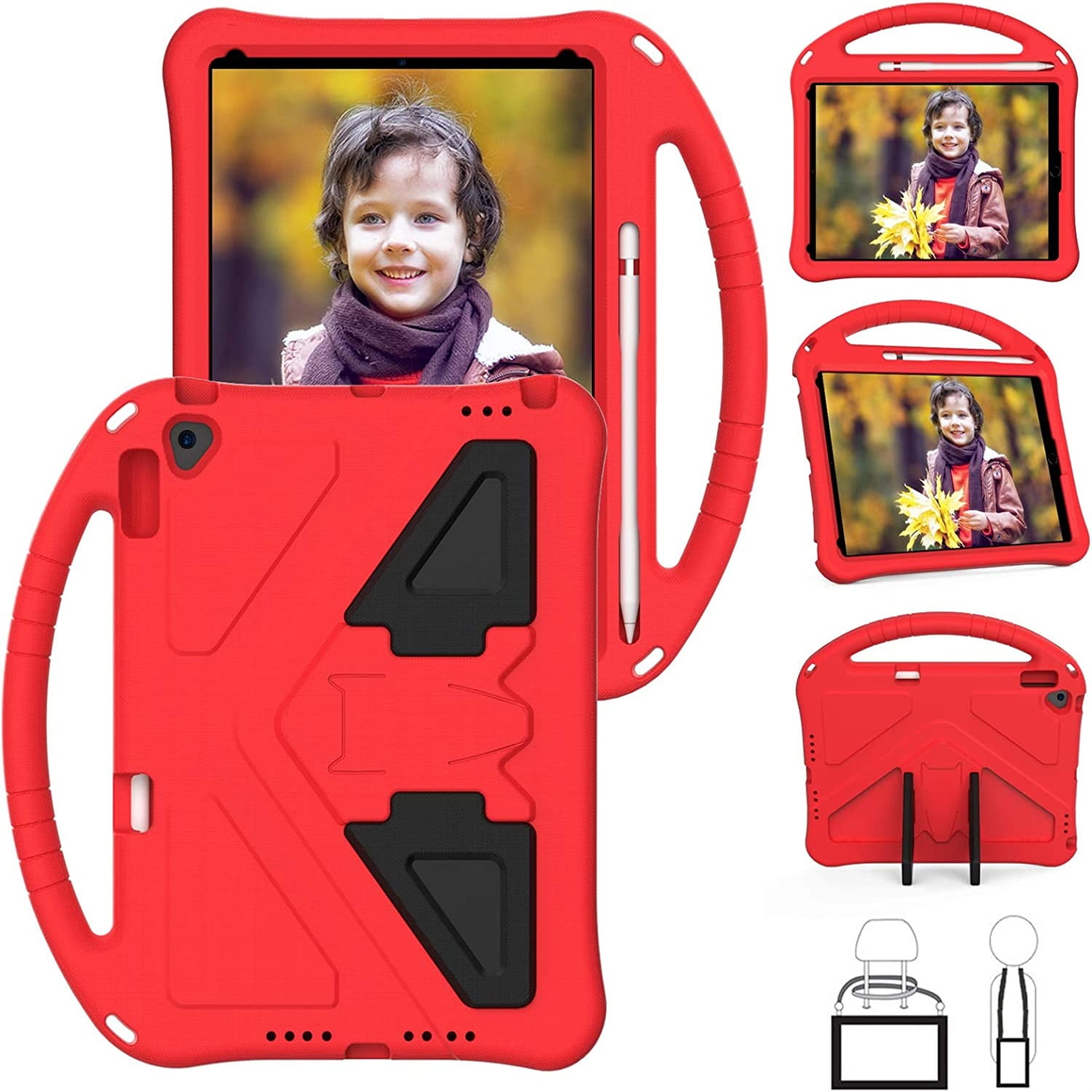 Allytechgroup Kids Case for iPad 9th/8th/7th Generation iPad 10.2 inch 2021/2020/2019 with Kickstand/Handle Stand/Pencil Holder [1x Screen Protector] Shockproof Cover for Boy Girl Children, Red