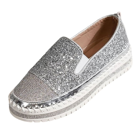 KEGIRLOM Women Fashionable And Casual Rhinestone Round-Toe Covered-Toe Thick-Soled Flat Rhinestone Low-Cut Loafers Silver 9
