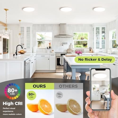 HOVMAP Flush Mount Light, 8 PC LED Flush Mount Ceiling Light Fixture 18W Adjustable Low Profile Ceiling Lights, Round, Dimmable Ceiling Light, Kitchen Lighting Fixtures Ceiling, 9" White 5CCT