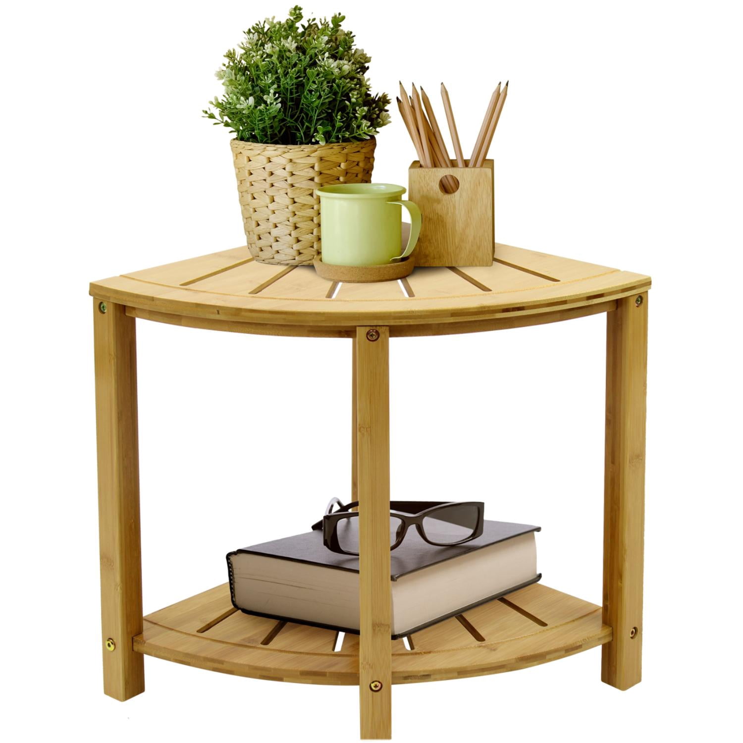 Sorbus Bamboo Shower Stool with Shelf, Corner Bath Bench, Waterproof Bathroom Seat, Natural