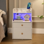 Yamissi Night Stand with Charging, Nightstands with 2 Drawers, Bedside Table with LED Lights, Modern LED Nightstand for Bedroom, White