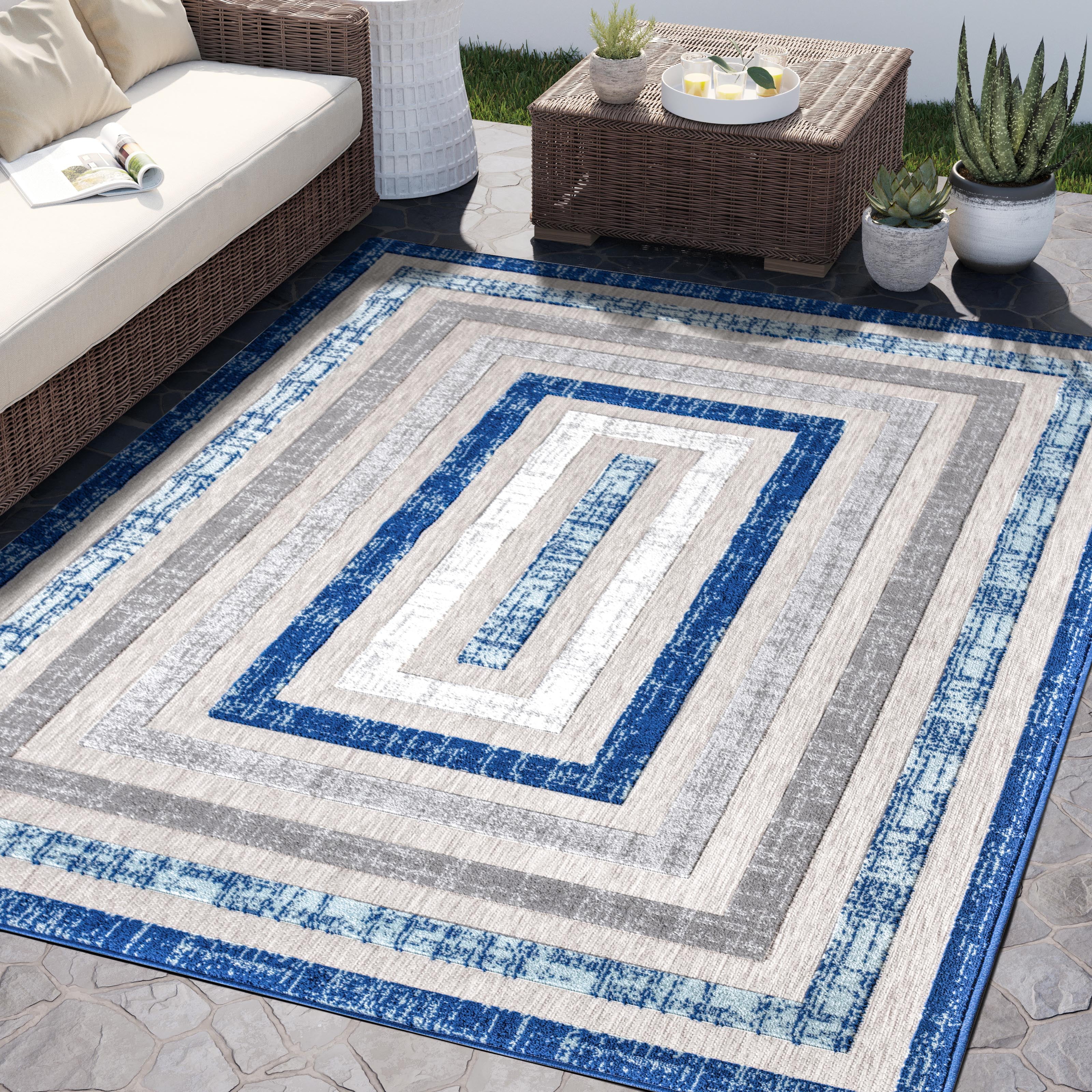 Abani Hampton Indoor/Outdoor Collection Blue 4' x 6' Multi Rectangle Area  Rug
