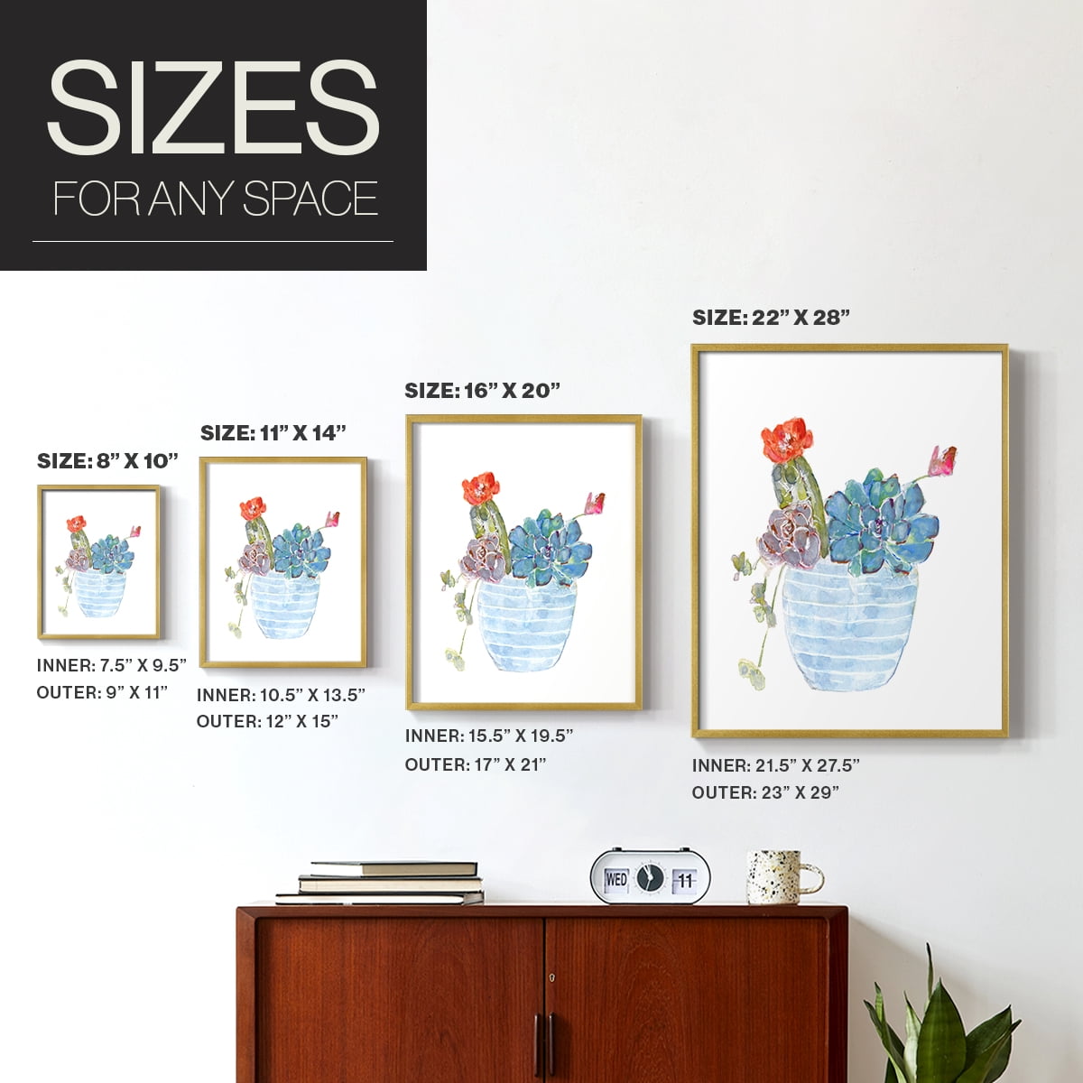 Cactus and Succulent Blooms I Framed Print in Gold Solid Wood Framed Print No Nail Hanging