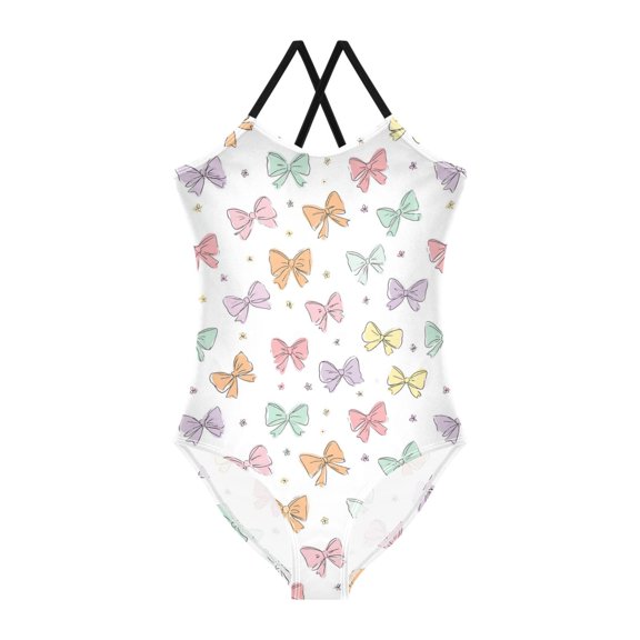 Girls' One-piece Swimsuit Cross Back Bathing Suit Beach Surfing Sizes 3T Hand Drawn Bows Pattern