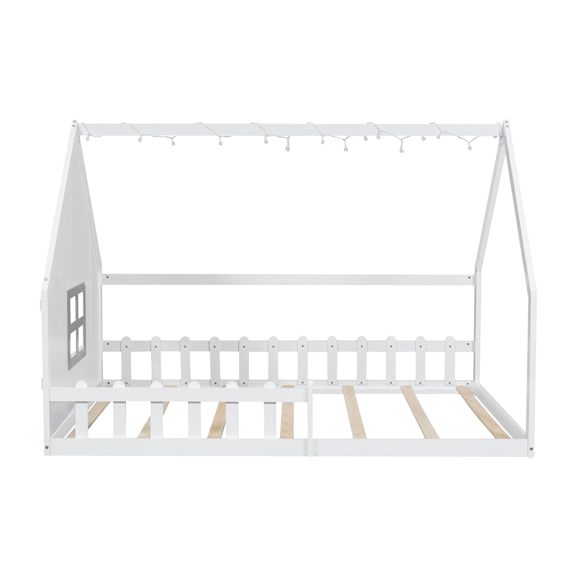 Noble House Full Size Wood House Bed with Window and Fence Guardrails, Safety Design for Kids, White