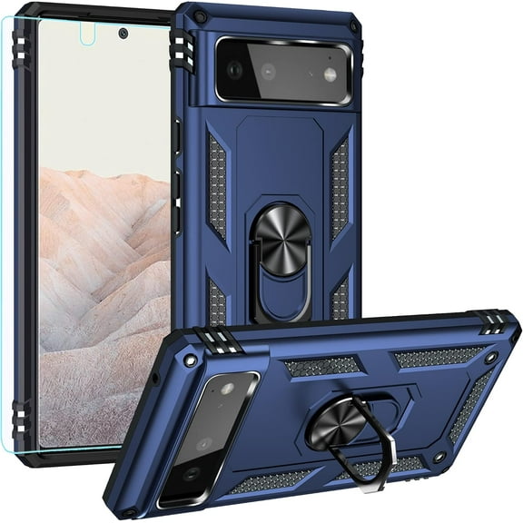 Pixel 6 Case,Google 6 Case, Military Grade Heavy Duty Protection Phone Case Cover with HD Screen Protector Magnetic Ring Kickstand for Google Pixel 6 (Navy Military Case)