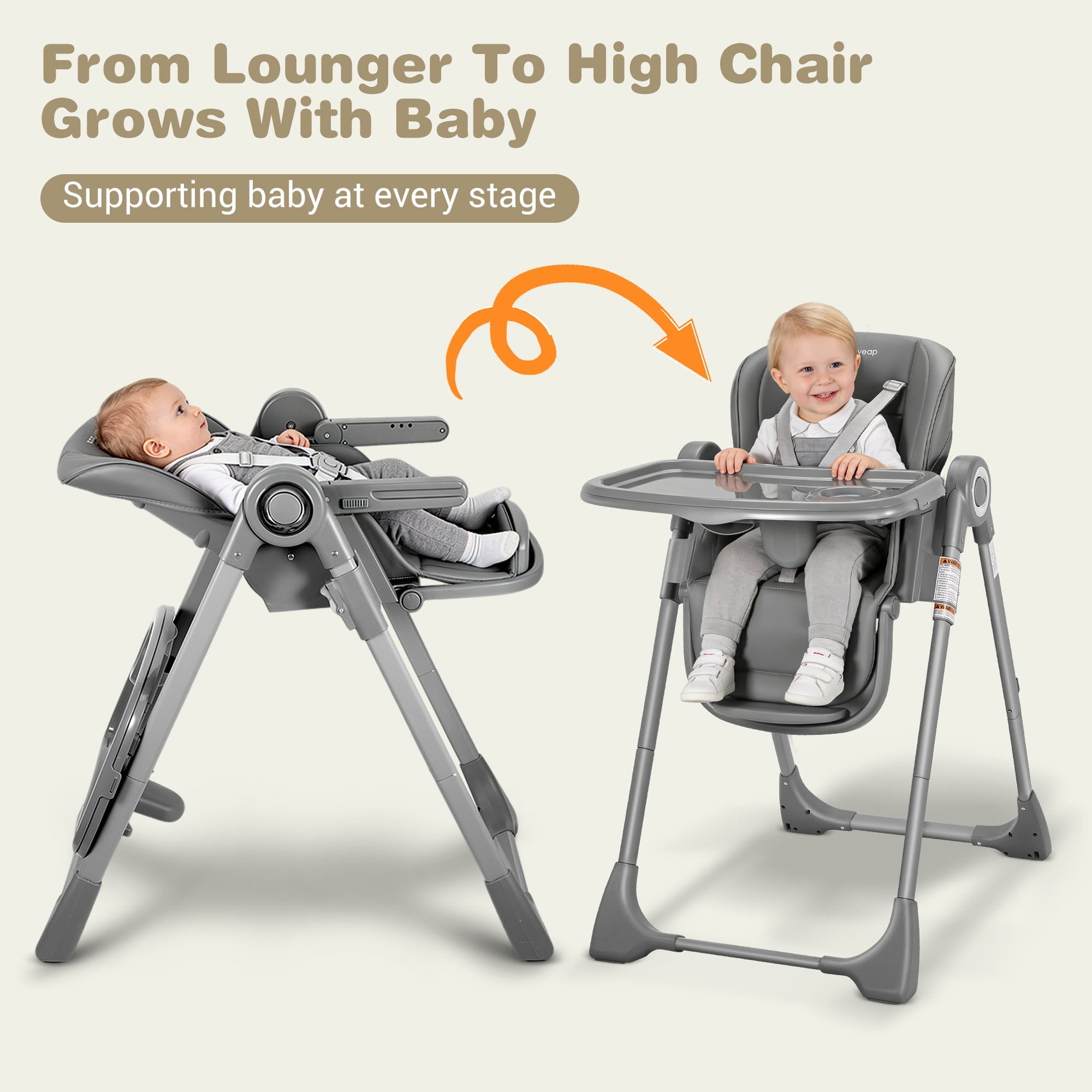 Babyeap Baby High Chair, Convertible Adjustable Feeding Chair with Removable Double Tray, Adjustable & Foldable Design Converts to Toddler Chair, for Babies & Toddlers,Gray