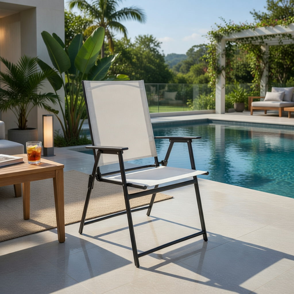 Hommoo 4-Pack Folding Patio Chairs, Rust-Resistant Metal Frame, Fabric, High-Back Comfort Design for Backyard, Deck & Camping, White