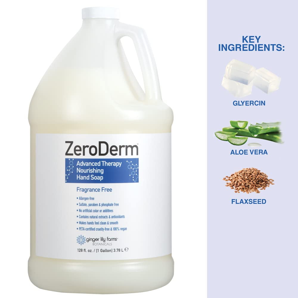 Ginger Lily Farms Botanicals ZeroDerm Advanced Therapy Nourishing Liquid Hand Soap Refill, 100% Vegan & Cruelty Free, Fragrance Free, 1 Gallon (128 Fl. Oz.)