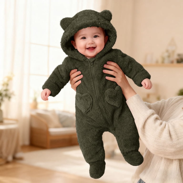 Infant Boys Fluffy Jumpsuit Warm Windproof Long Sleeve Snowsuit Romper  With Bear Ears Hood Baby Winter Clothes Newborn Clothes 9-12 Months