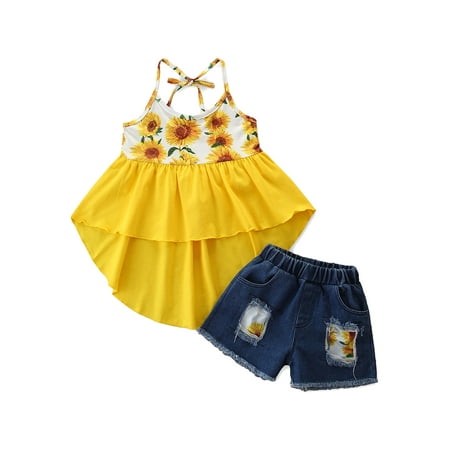 

Nokpsedcb 2PCS Toddler Infant Kids Baby Girls Sleeveless Sling Tops Denim Shorts Summer Outfits Yellow 3-4 Years