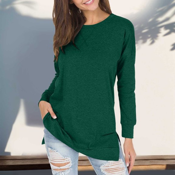 Women's Loose Crew Neck Top Long Sleeve T Shirt Solid Color Tops Women Womens Top Extra Long Long Sleeve Shirts Women Shirt Polyester Spandex Cute Tops for Women Summer for Women Long Sleeve T Shirt