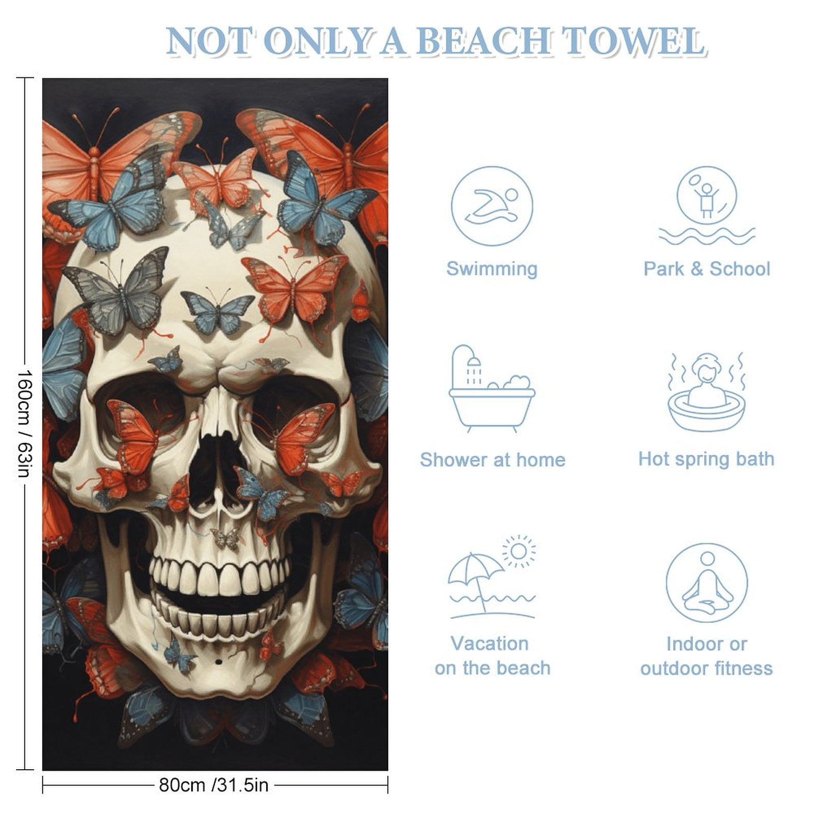 Gothic Skull Lover Oversized Beach Towel XL Pool Camping Swim Towels 32''x63'' Soft Blanket Accessories Must Vacation Necessities Adult