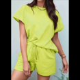 thumbnail image 4 of Conjunto de Pijama de 2 Piezas para Mujer, Color Liso, Cuello Redondo, Informal, de Tela Texturizada, Corta, Amarillo Limón, L, 4 of 7