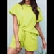 thumbnail image 4 of Conjunto de Pijama de 2 Piezas para Mujer, Color Liso, Cuello Redondo, Informal, de Tela Texturizada, Corta, Amarillo Limón, L, 4 of 7