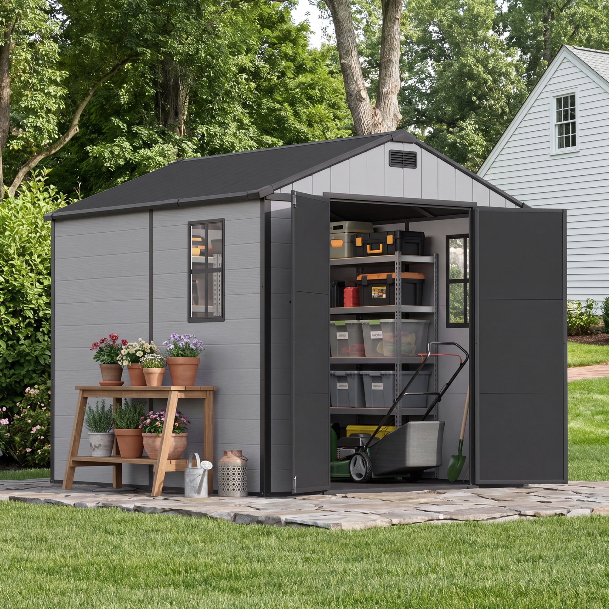 Keter Resin Oakland Backyard & Patio Garden Tool Storage Shed, 7 x