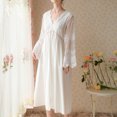 thumbnail image 4 of Previn Women's Cotton Victorian Nightgown Soft Long Sleeve Lace Illusion Sheer Bell Midi Sleep Shirt High Waisted Billowy Scalloped V Neck Long Pajama Dress Sleepwear White X-Large, 4 of 5