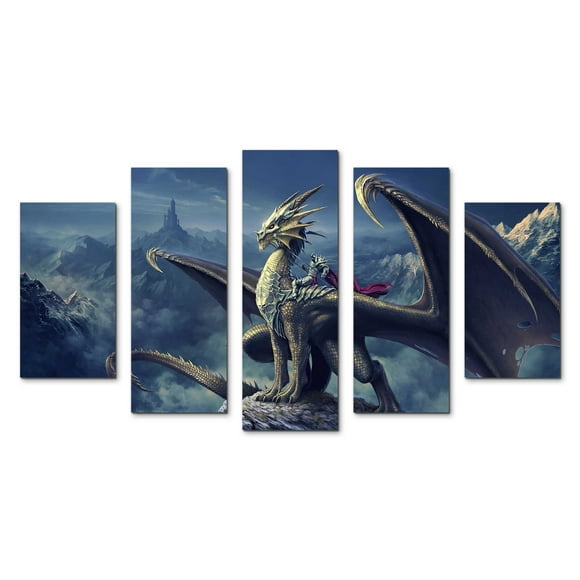 Cuadro decorativo para Sala, Comedor y Recamara, Dragón Medieval, minimalista, moderno, elegante, juego de 5 piezas